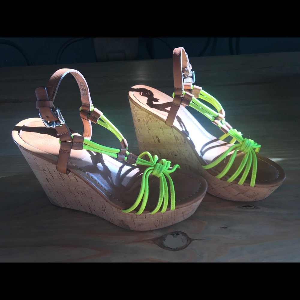 Coach Neon Yellow Cork Platform Sandals
